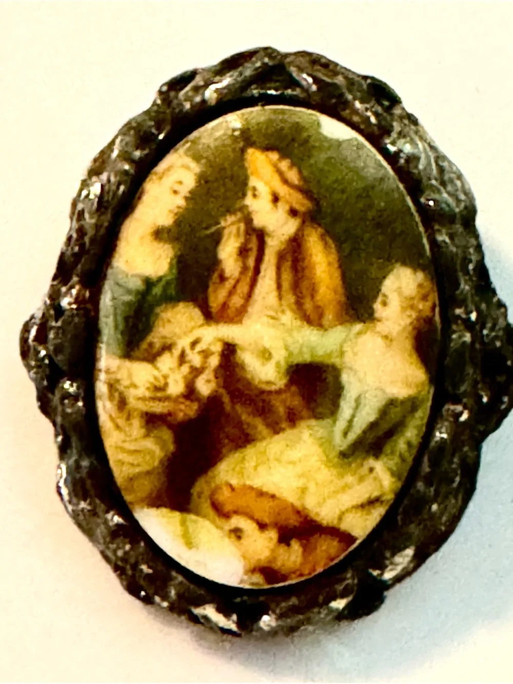 Antique Painted Cameo Brooch in Green and Gold